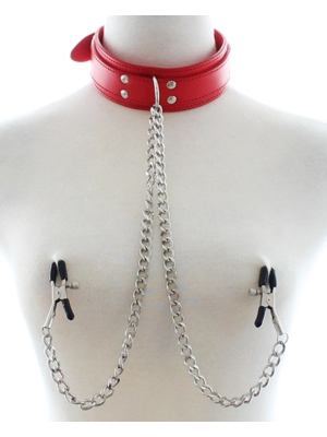 Collar with Nipple Clips and Thick Chain, Red