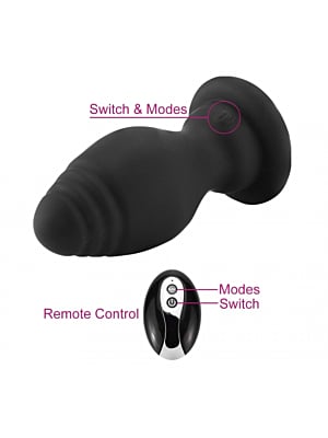 Anal Plug with Tail, 10 Vibration Modes, Remote Control, Silicone, USB, Black