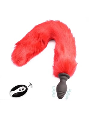 Anal Plug with Tail, 10 Vibration Modes, Remote Control, Silicone, USB, Red