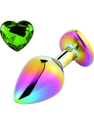 Anal Plug Rainbow Buttplug Small, Heart Shape, Green Stone