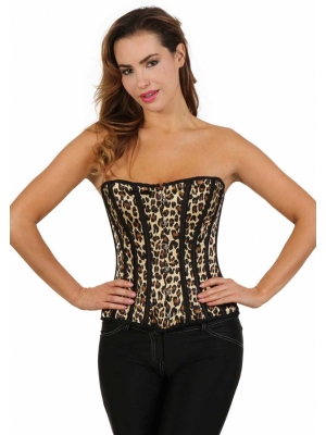Leopard printed satin corset. Hooks closing front. Adjustment lacing back.
