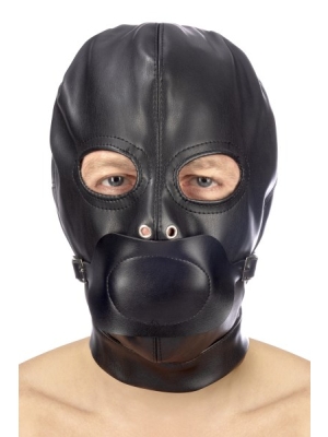 Fetish hood with strap and mouth cover