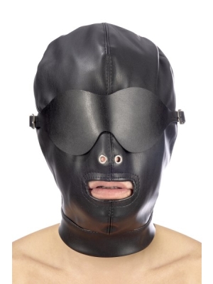 Fetish hood with strap and eye cover