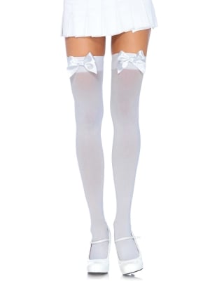 Nylon Thigh Highs With Bow White