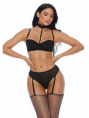 Right Sheer Right Now Bra and Panty with Garter Straps - Black