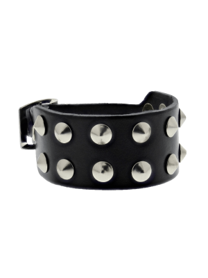 Black 2-Row Conical Studded Leather Bracelet with Buckle