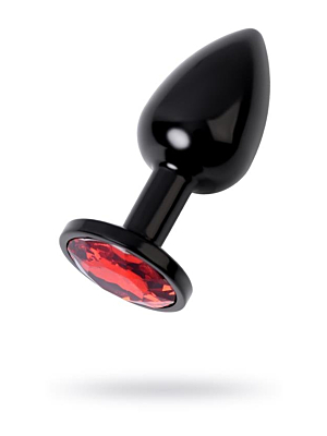 Black anal plug Metal with a ruby colored gem Medium