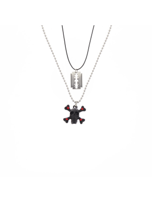 Black Skull & Crossbone with Red Stones and Razor Blade Double Necklace