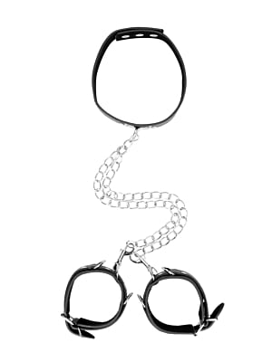 Bonded Leather Collar With Hand Cuffs - With Adjustable Straps and chain