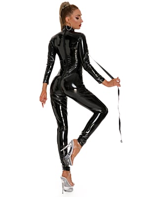 Overall Catsuit with Leash Erotic Wetlook Black