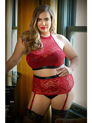 Aria Crotchless Suspender Set - Red