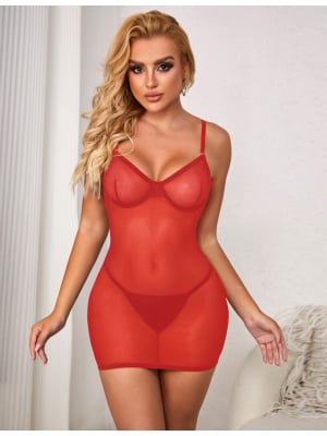 Red Sexy Mesh Strappy Lingerie With A Lace-Up Back Babydoll+Panties 