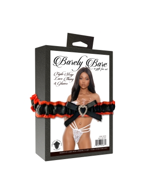 Triple Strap Lace Thong with Gloves, Garter & Vibrator - White