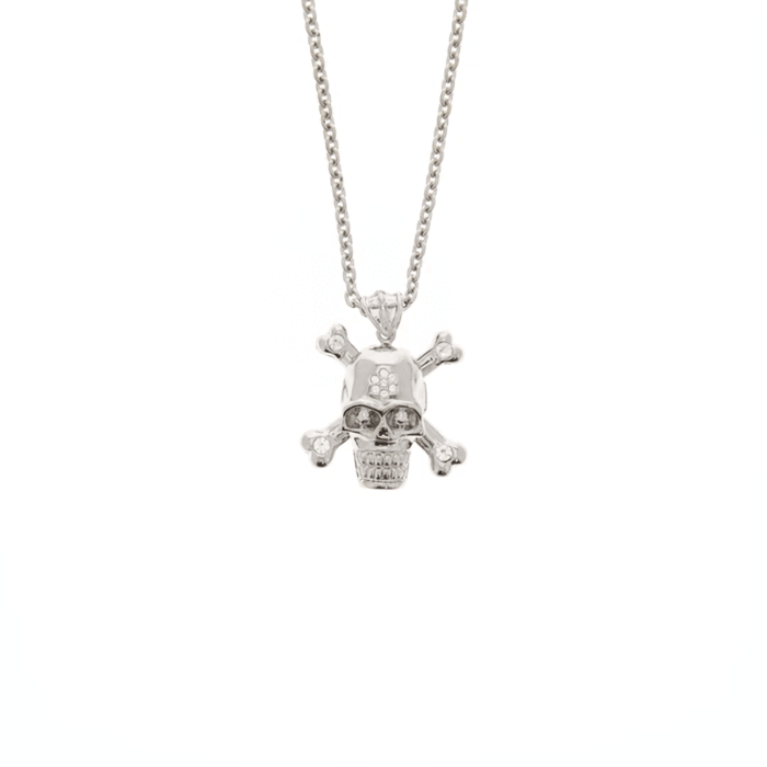 Silver Skull & Crossbone Necklace with Stones