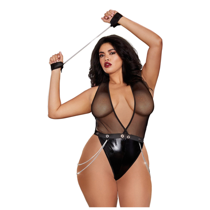 Faux-Leather Deep Plunge Halter Teddy Queen