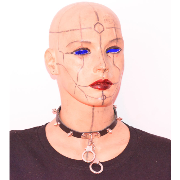 1 ROW SMALL SPIKE AND HANDCUFF LEATHER NECKBAND / LEATHER CHOCKER - BLACK