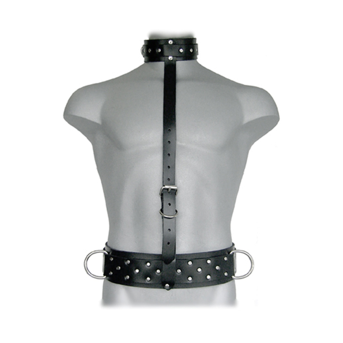 Fetish Harness with Collar and Vertical Strap - Vegan Leather