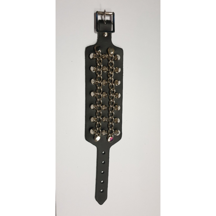 HANDMADE 3 ROW SPIKE AND CHAIN LEATHER WRISTBAND - BLACK