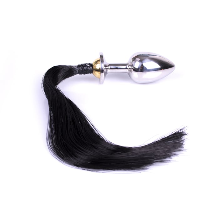Kiotos Butt Plug with Black Horsetail - Ατσάλινη Πρωκτική Σφήνα με Αλογοουρά