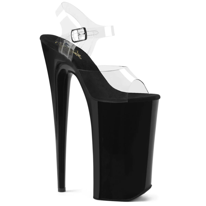 Pleaser skyscraper high heels ankle strap sandal clear black BEY008/C/B