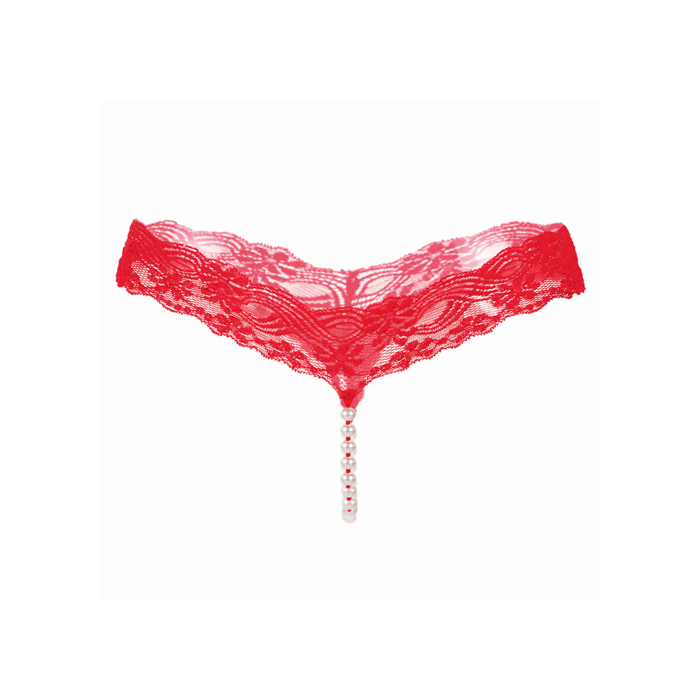 Red Lace T-Back Thong with Pearl Detail