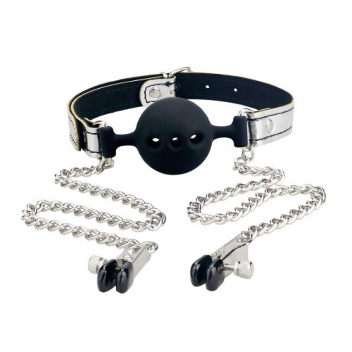 Breathable Ball Gag with Nipple Clamp - Lovetoy
