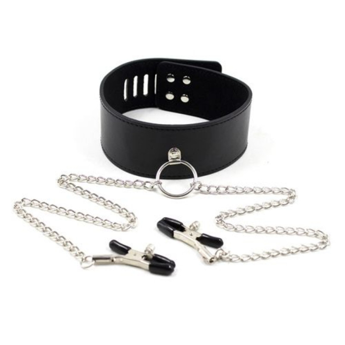 Toyz4lovers Collar with Nipple Clamps and Leash Black