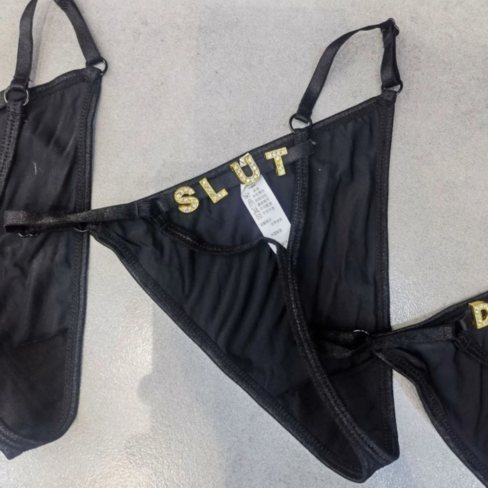 Sexy Rhinestone Letter Thong Panties Slut Black os