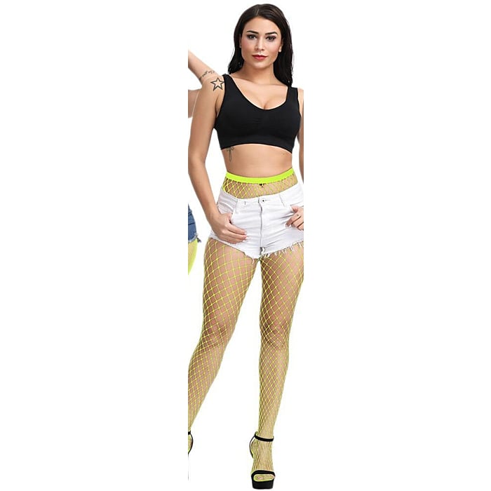Women Sexy Mesh High Waist -Medium Fishnet- Pantyhose Neon Yellow