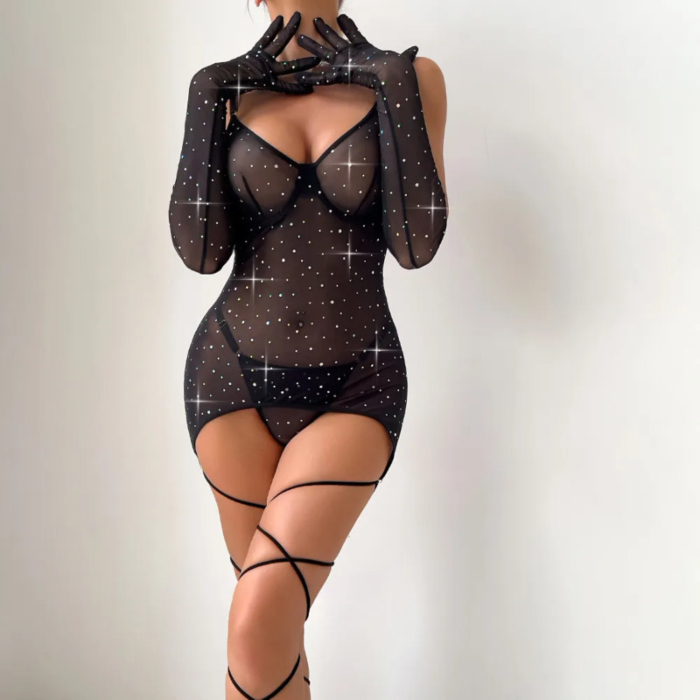Steel Ring Sexy Bodystocking Lingerie Set Black