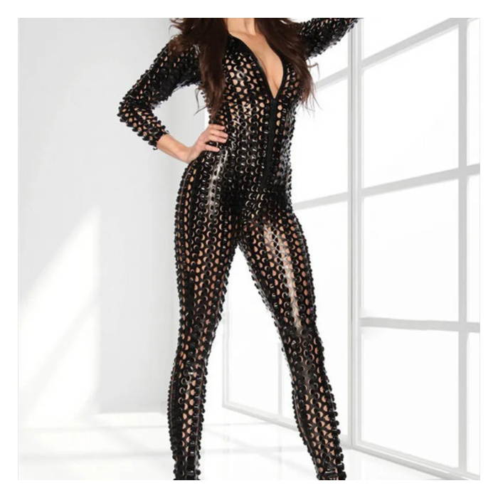 Sexy Women Hollow Out Long Sleeves V Neck Jumpsuits Black