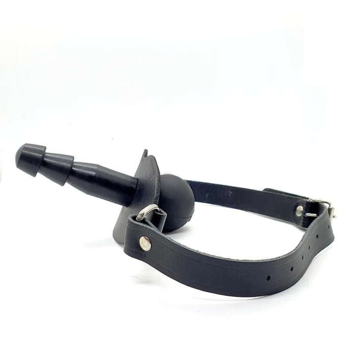 Leather Silicone Ball Gag Lock With Attachment For Dildo