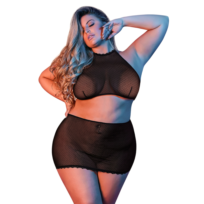 Polka Dot Mesh Halter &amp; Skirt Set - Black - Queen Size