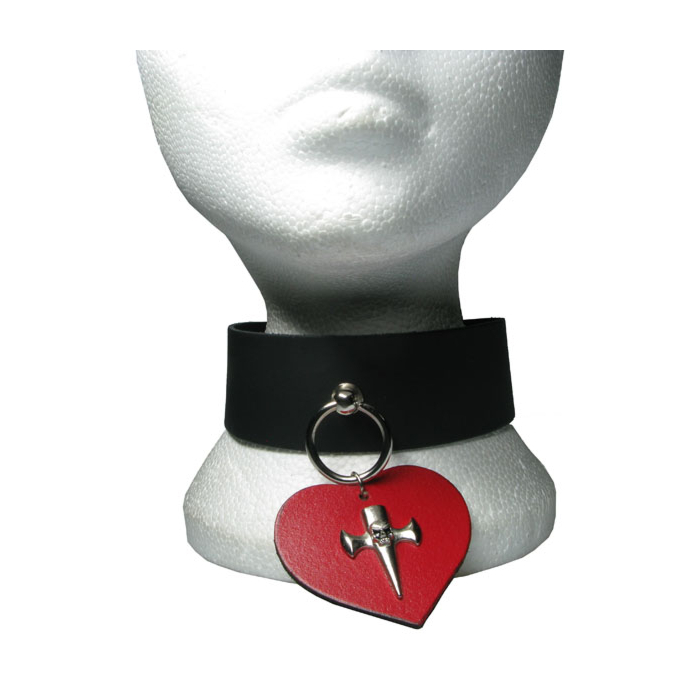 HANDMADE-CHOKER CROSS ON LEATHER HEART ATTACHED WITH METAL RING 