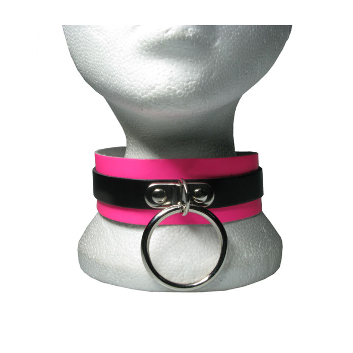 HANDMADE LEATHER COLLAR WITH MEDIUM RING- PINK