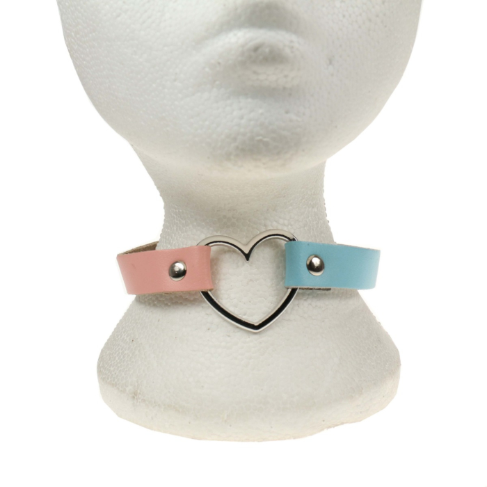 Handmade Row Heart Fitting Leather Choker Collar (Pink/Blue) - BULLET69