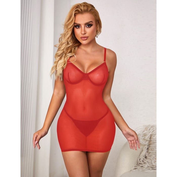 Red Sexy Mesh Strappy Lingerie With A Lace-Up Back Babydoll+Panties