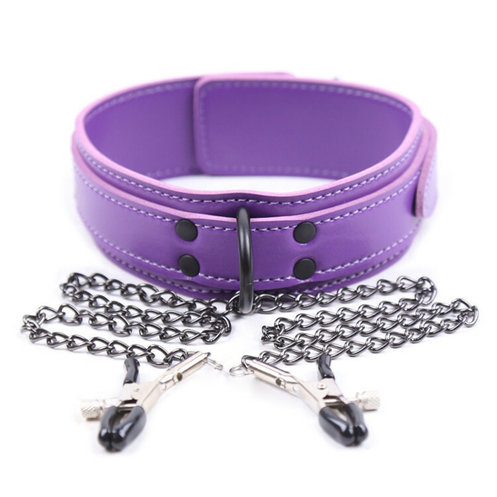 Purple Leather Collar With Nipple ClampsModel:MW-X2569