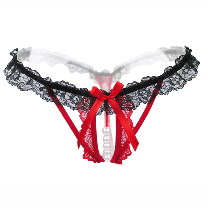 Sexy Crotchless Pearl Massage Lace Panty T-back Red