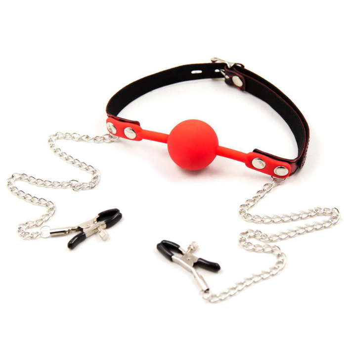 Silicone Ball Gag With Nipple Clamps Red