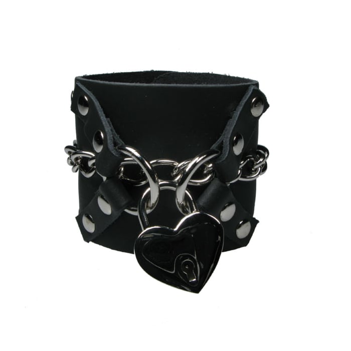HANDMADE CHAIN WITH CROSS LEATHER SECTIONS & HEART PADLOCK 